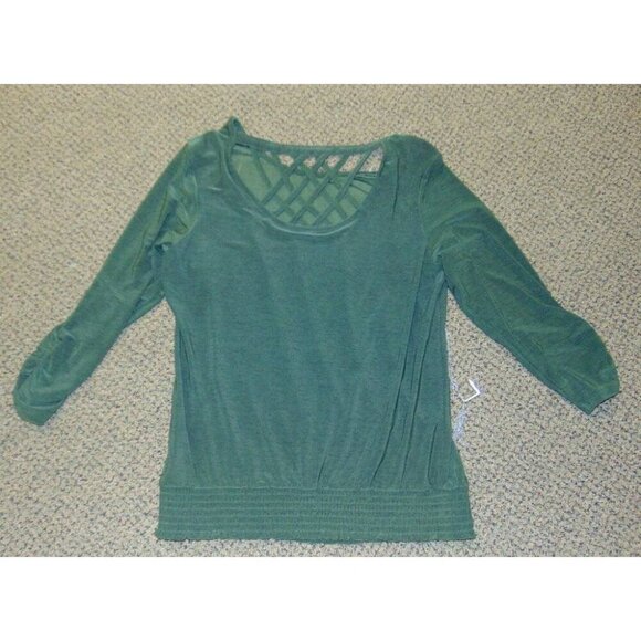 Womens Shirt Medium Green Long Sleeve Scoop Neck Banded Hem Top & Necklace Apt 9 - Picture 6 of 6